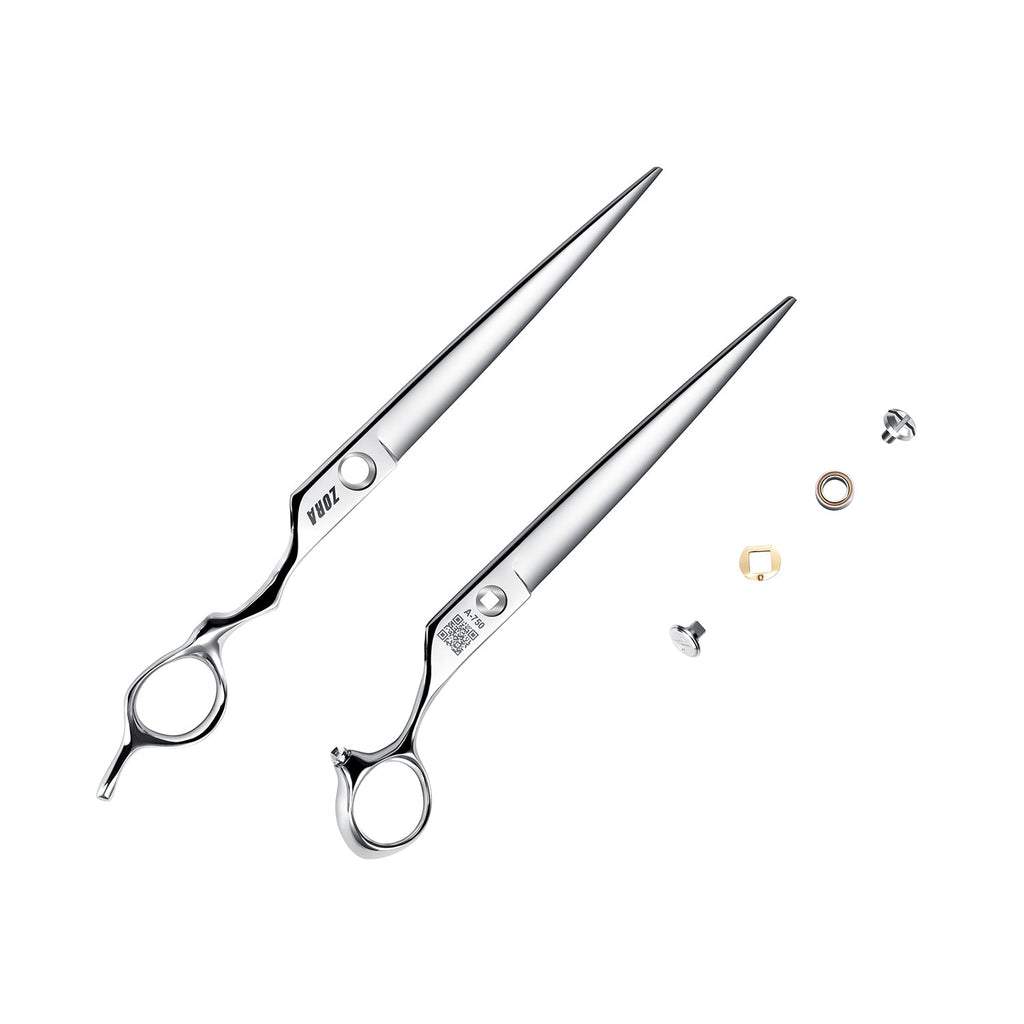 Hair cutting shears with interchangeable parts on a white background
