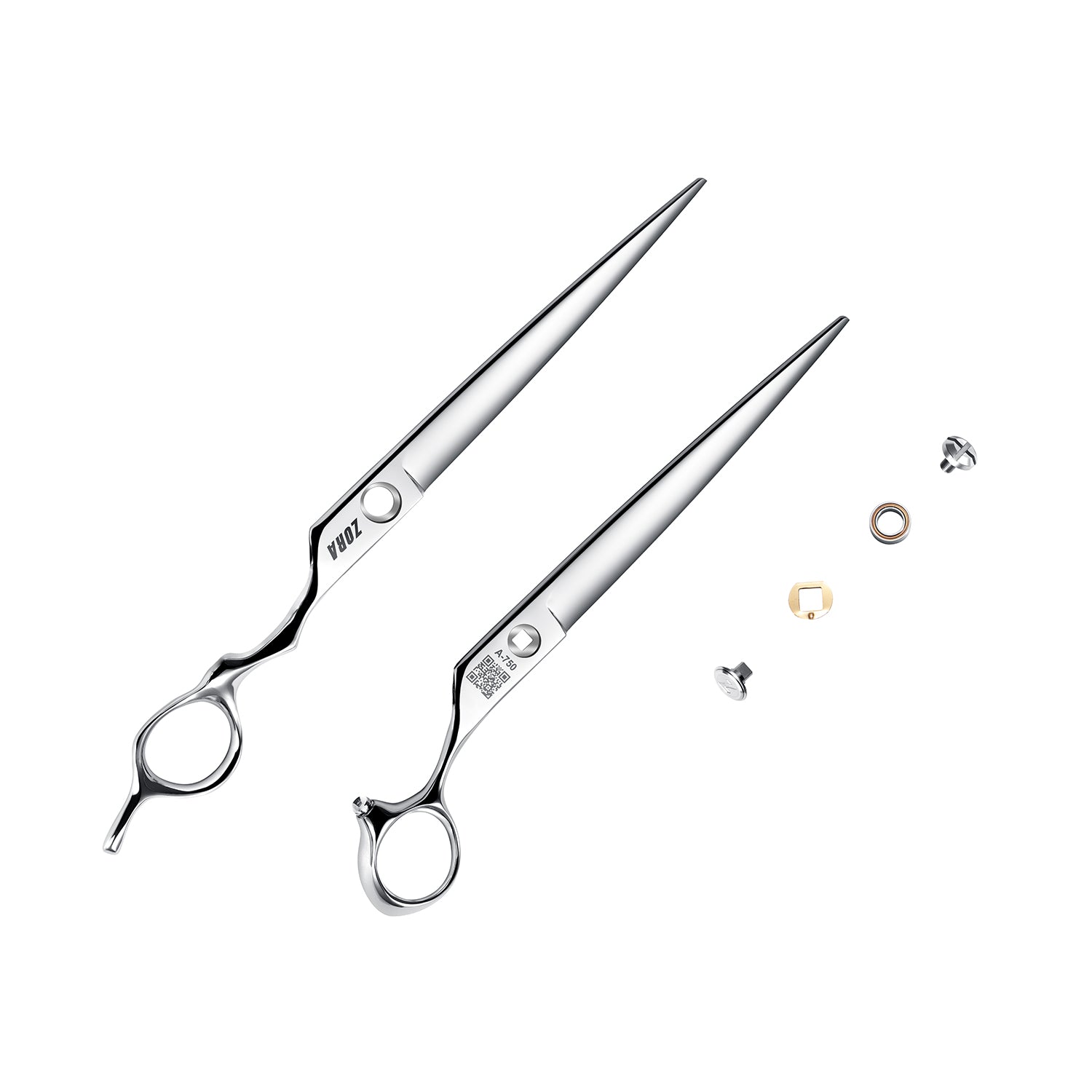 Hair cutting shears with interchangeable parts on a white background