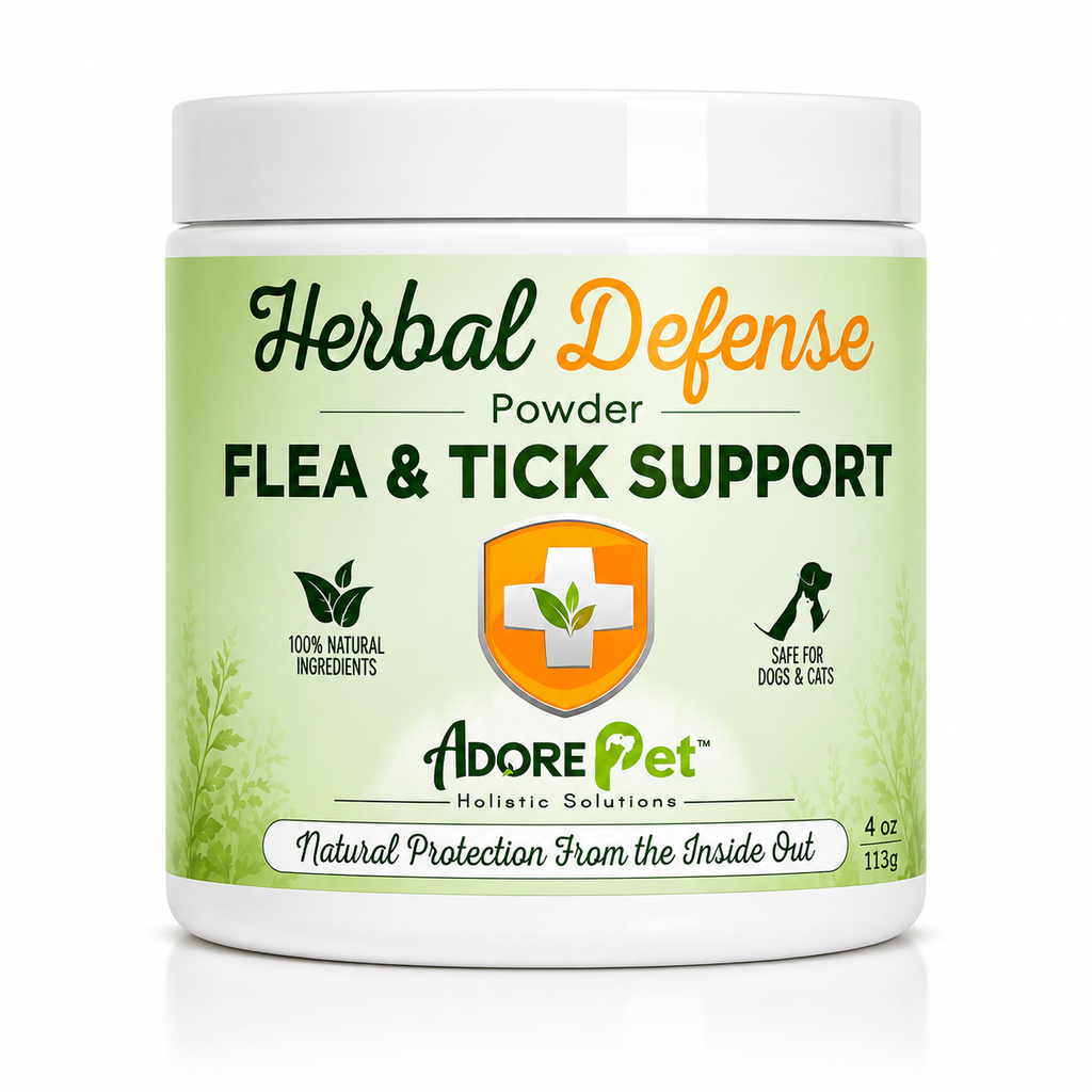 Herbal Defense Powder for flea and tick support by Adore Pet on a white background