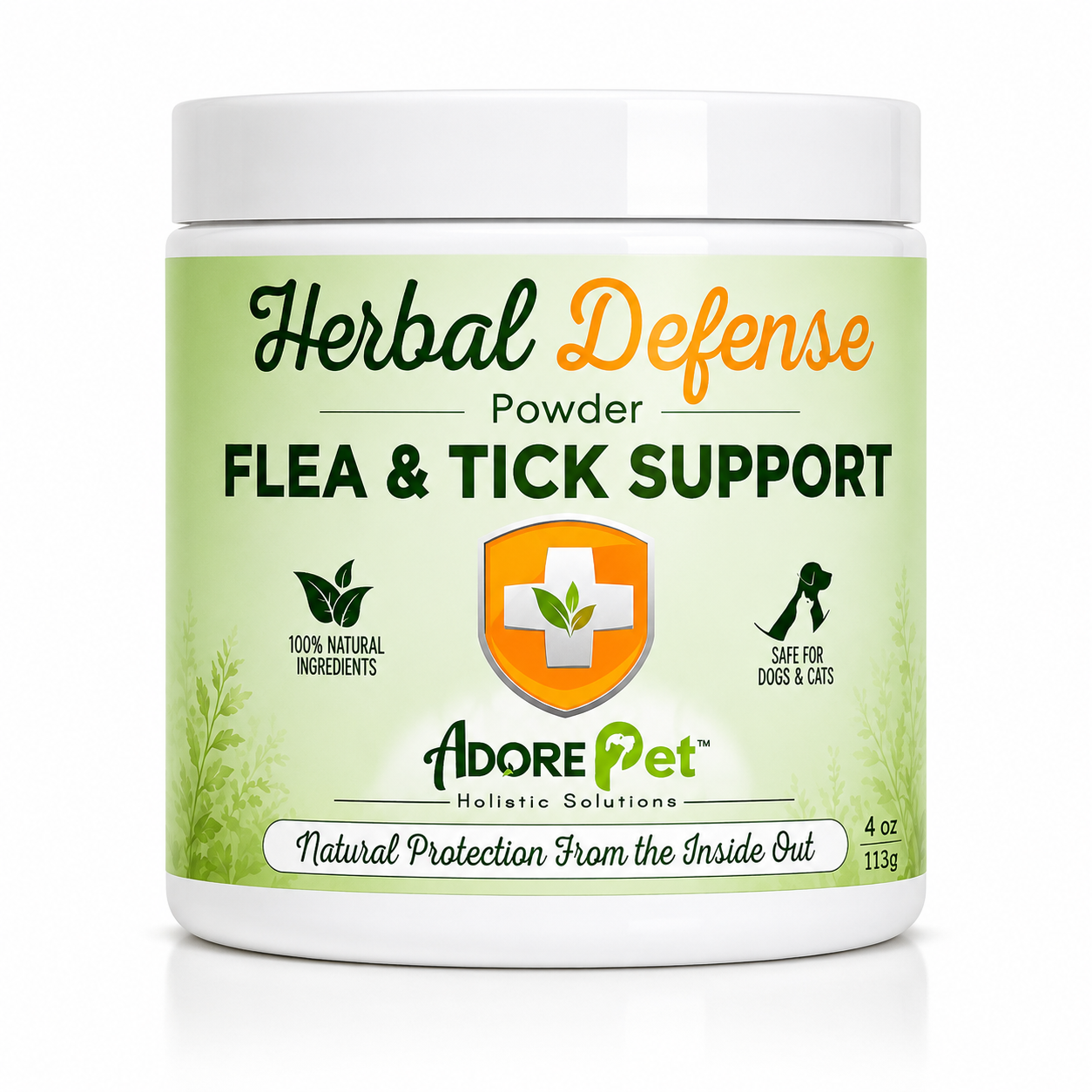 Herbal Defense Powder for flea and tick support by Adore Pet on a white background