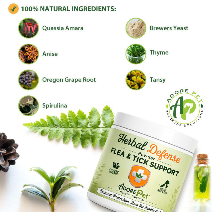 Herbal Defense flea and tick support product with natural ingredients on a white background