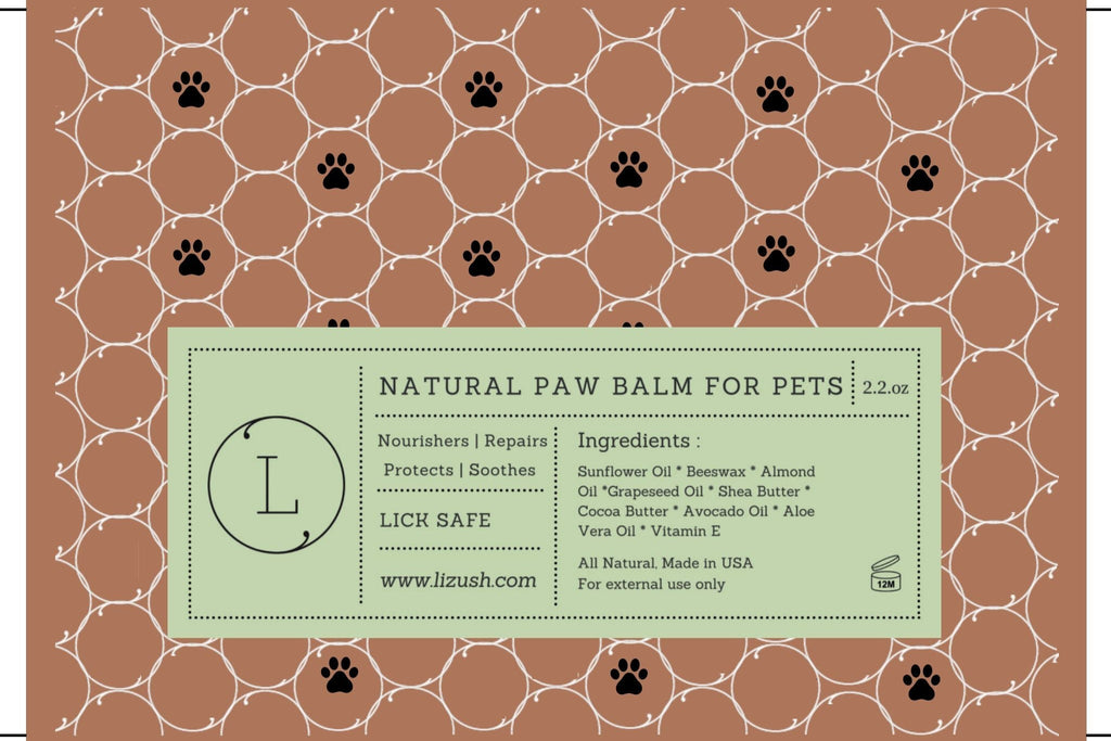 Label for natural paw balm for pets on a brown background with paw prints.