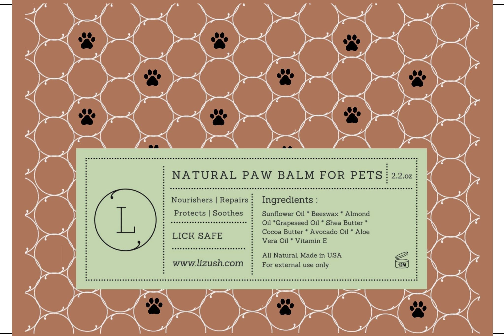 Label for natural paw balm for pets on a brown background with paw prints.