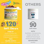 Comparison of Omega 3 Fish Oil Salmon Treats with another brand on a yellow and gray background.