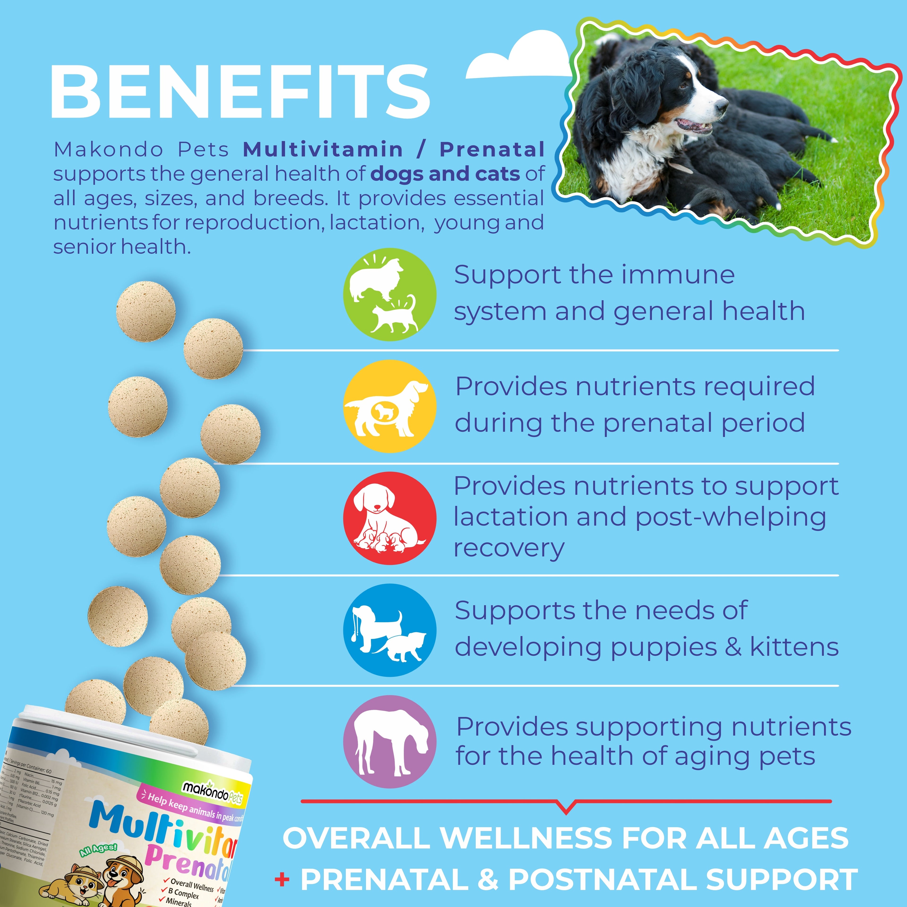 Makondo Pets Multivitamin/Prenatal supplement for pets with text and images of a dog and cat.
