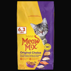 Meow Mix Original Choice cat food package with a cat on the yellow side.