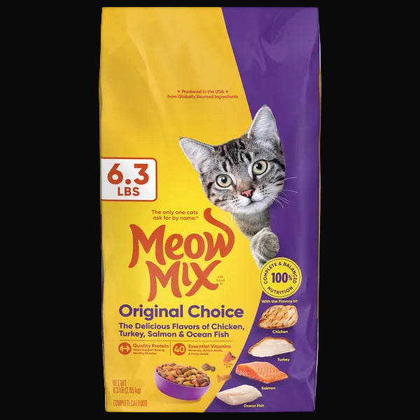 Meow Mix Original Choice cat food package with a cat on the yellow side.