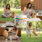 Woman with a dog in a park and at home, with a focus on a multivitamin product.