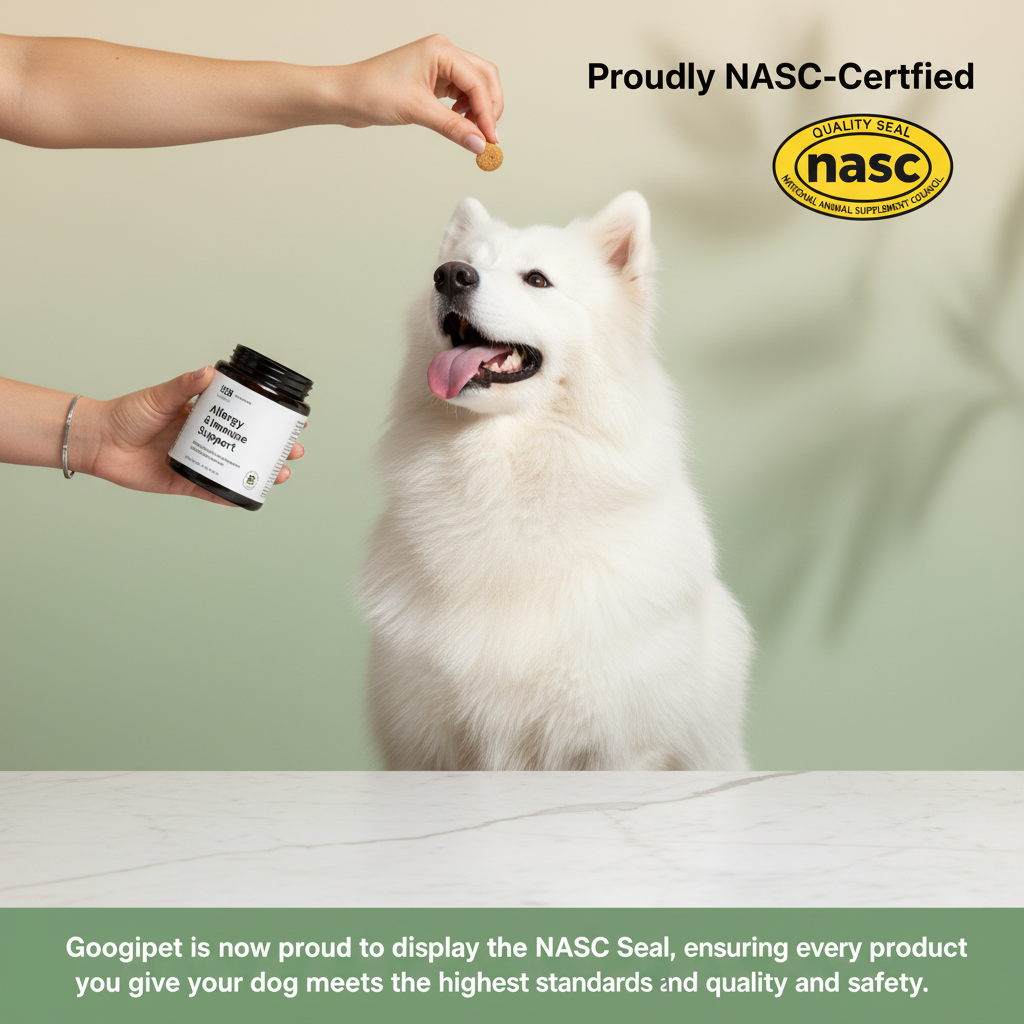 Dog looking up at a hand holding a container with NASC certification text and logo.