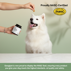 Dog looking up at a hand holding a container with NASC certification text and logo.