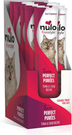 Nulo Freestyle Perfect Purees tuna and crab recipe cat treats packaging.