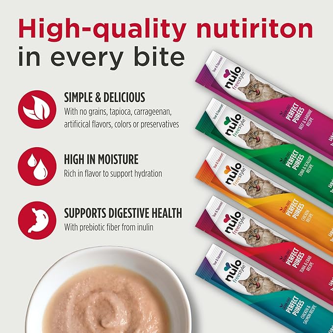 Nulo cat food pouches with a bowl of cat food and text highlighting high-quality nutrition.