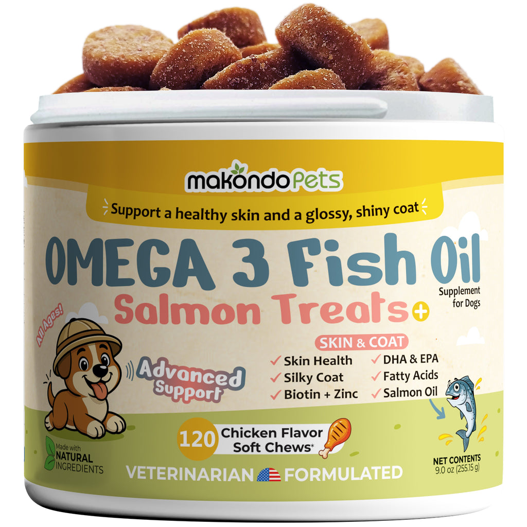 Omega 3 Fish Oil Salmon Treats container with makondo Pets branding on a white background