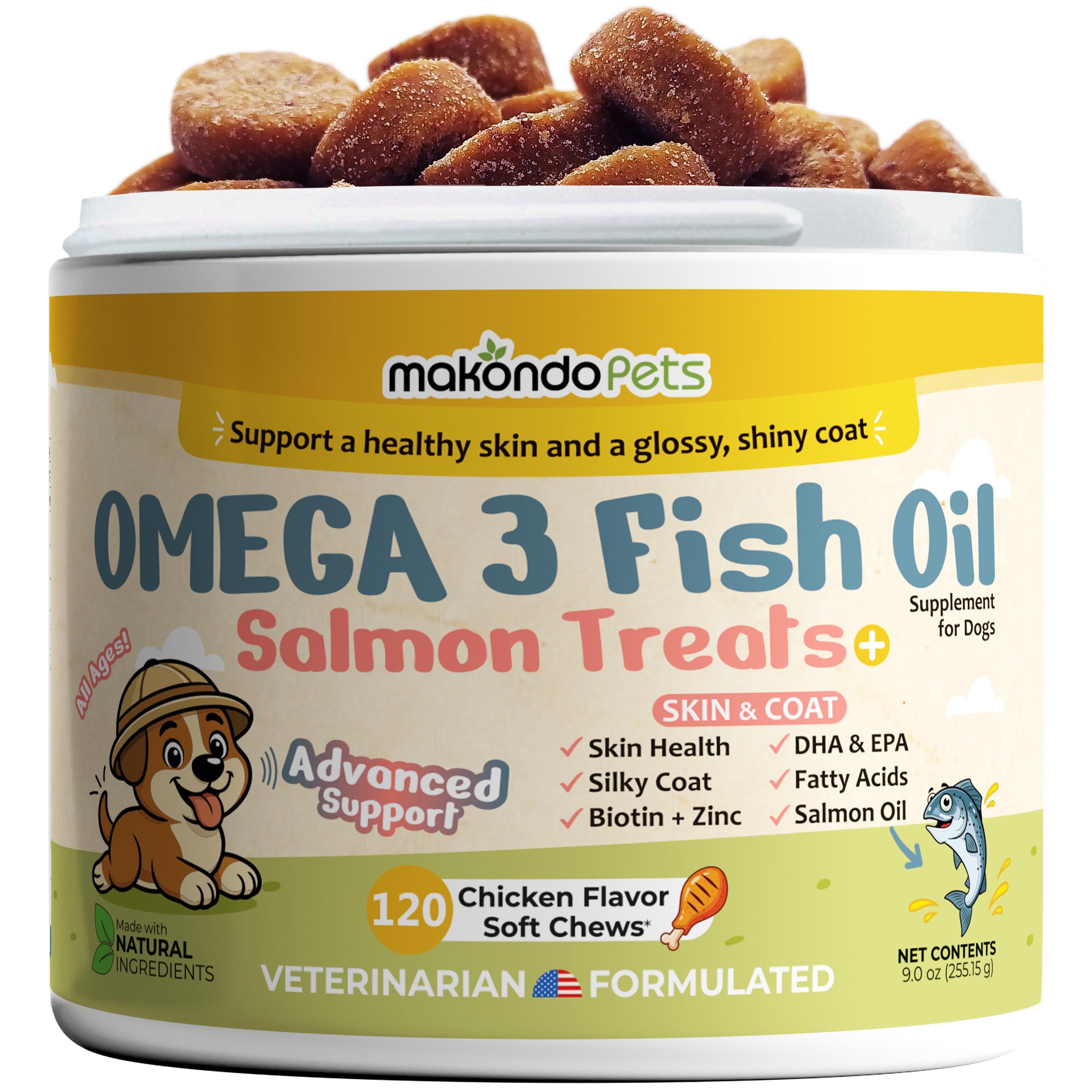 Omega 3 Fish Oil Salmon Treats container with makondo Pets branding on a white background