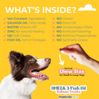 Omega 3 Fish Oil Salmon Treats with a dog and hand holding a treat, on a yellow background.