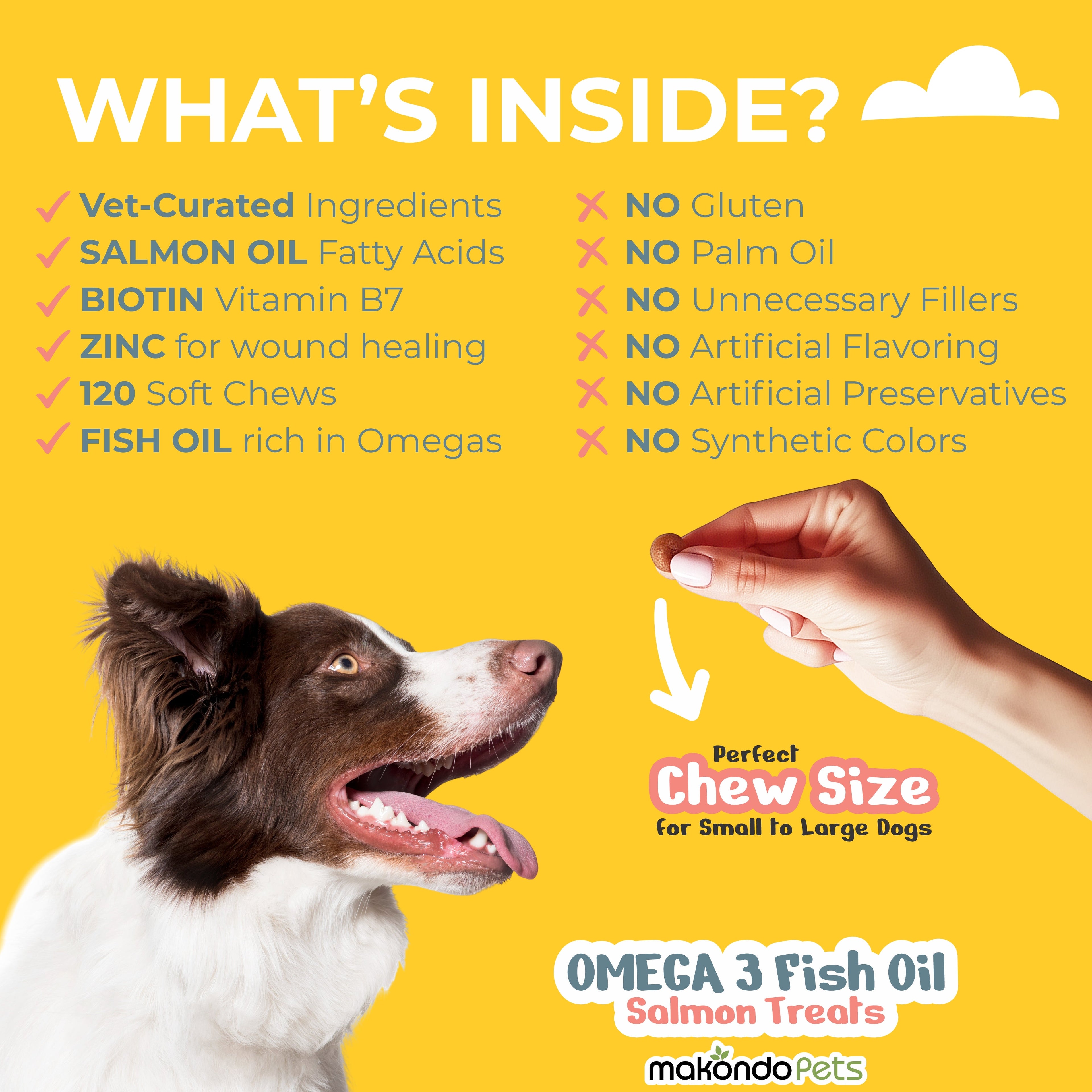 Omega 3 Fish Oil Salmon Treats with a dog and hand holding a treat, on a yellow background.