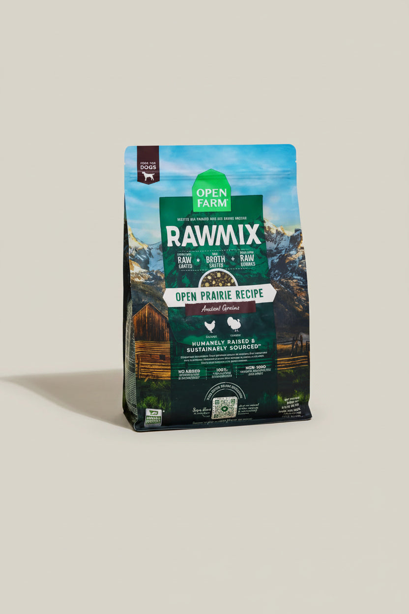 Open Farm Rawmix dog food package on a beige background