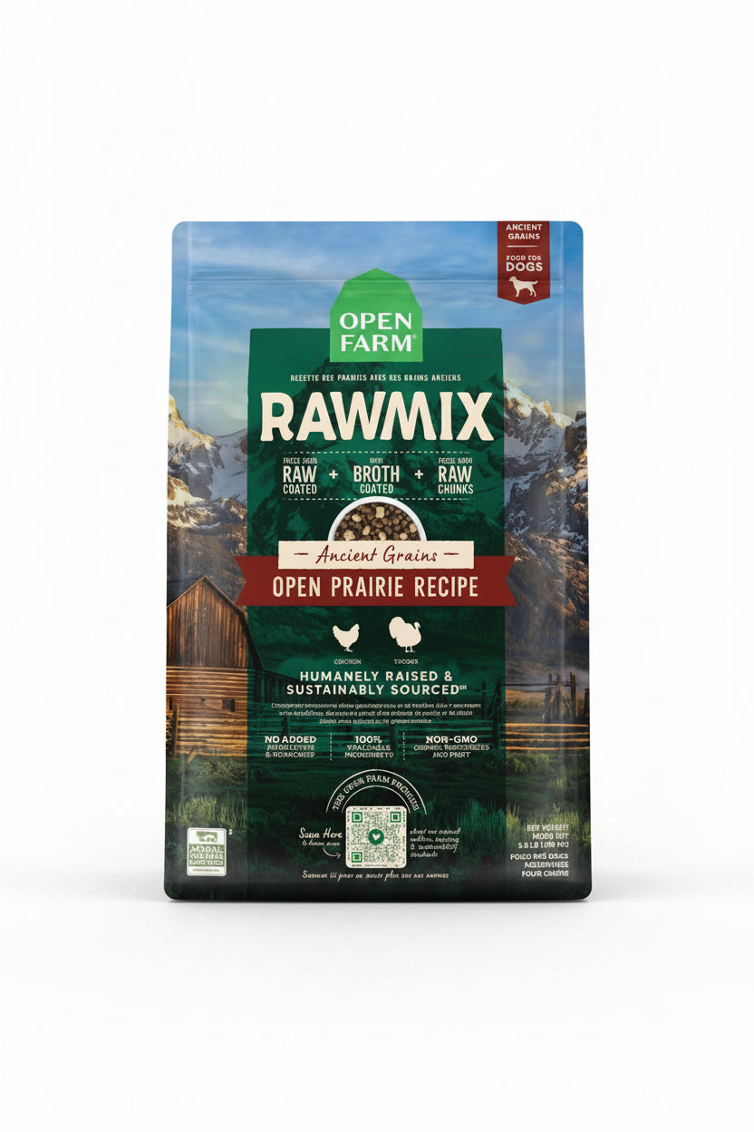 Open Farm Rawmix dog food package with scenic background