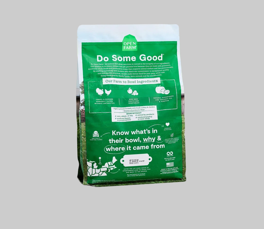 Green bag of Open Farm pet food 