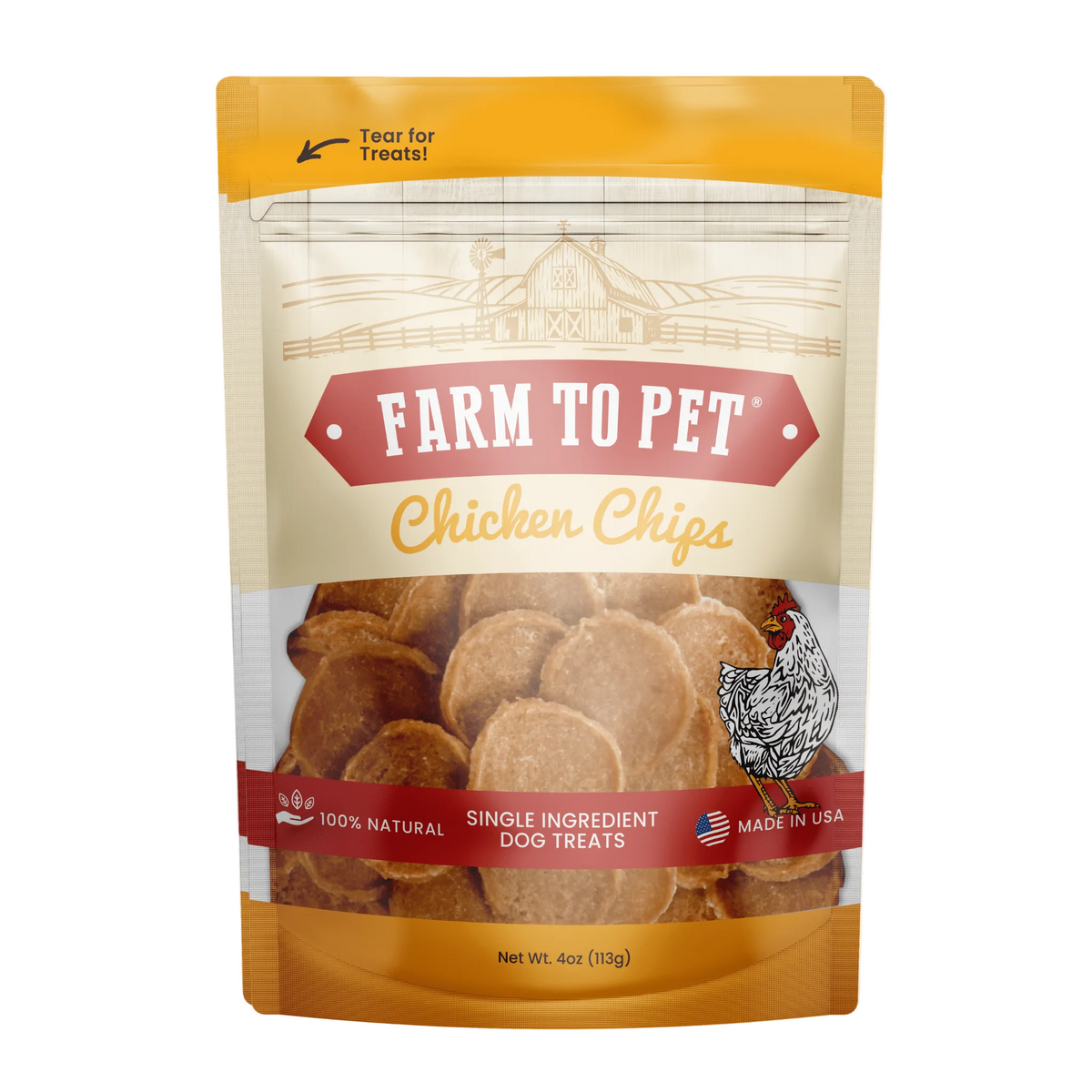Package of Farm to Pet Chicken Chips dog treats on a white background