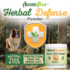 Pet Herbal Defense Powder packaging with a dog in a forest setting