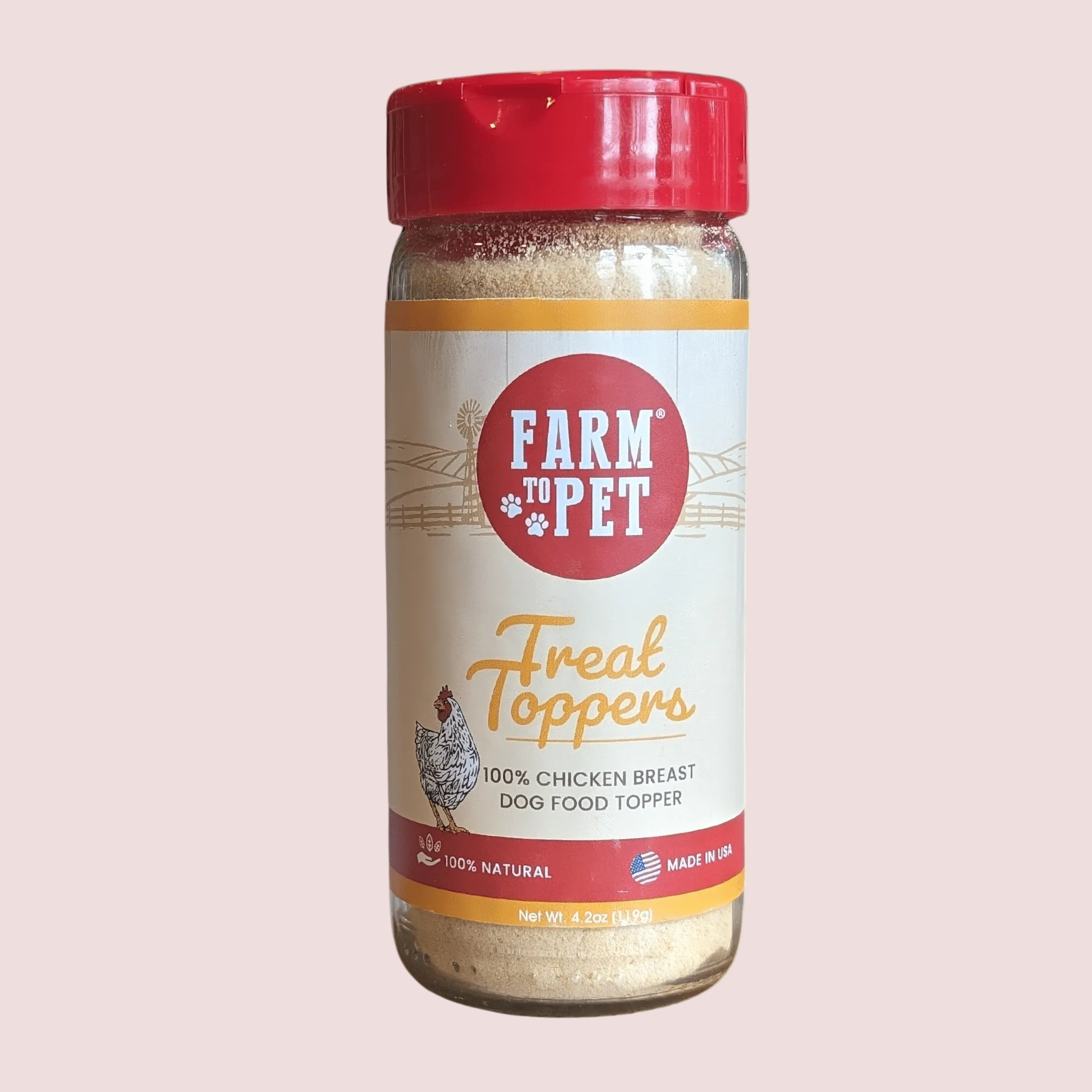 Jar of Farm to Pet Freat Toppers dog food topper on a white background