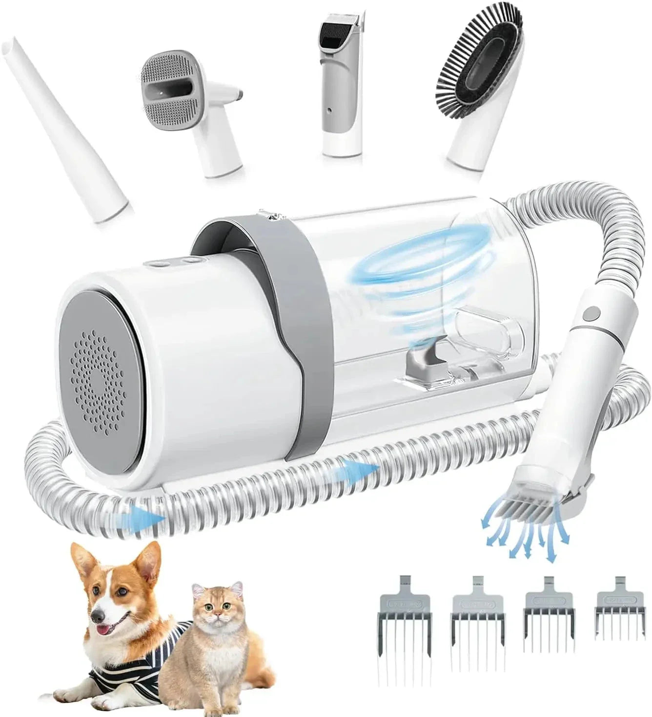 Pet grooming tool with attachments and a dog and cat illustration on a white background