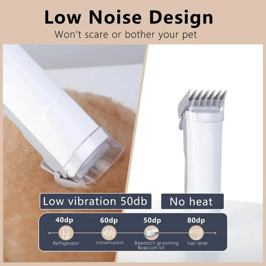 Pet grooming tool with low noise design features on a beige background