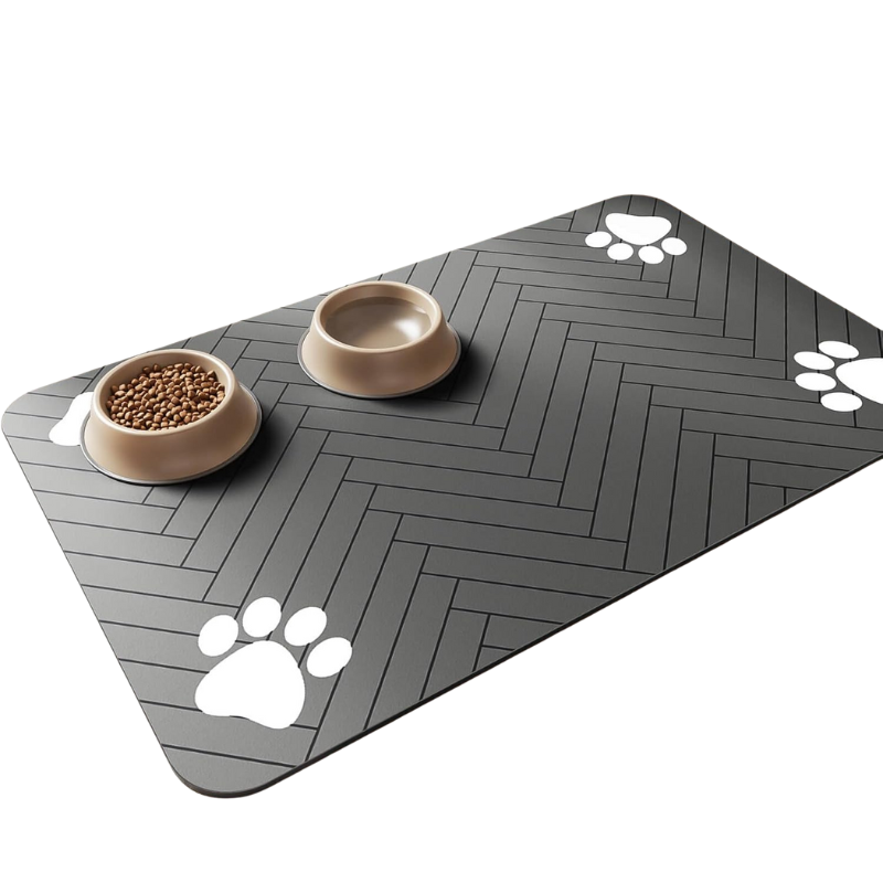 Pet mat with paw prints and two bowls of food on a white background
