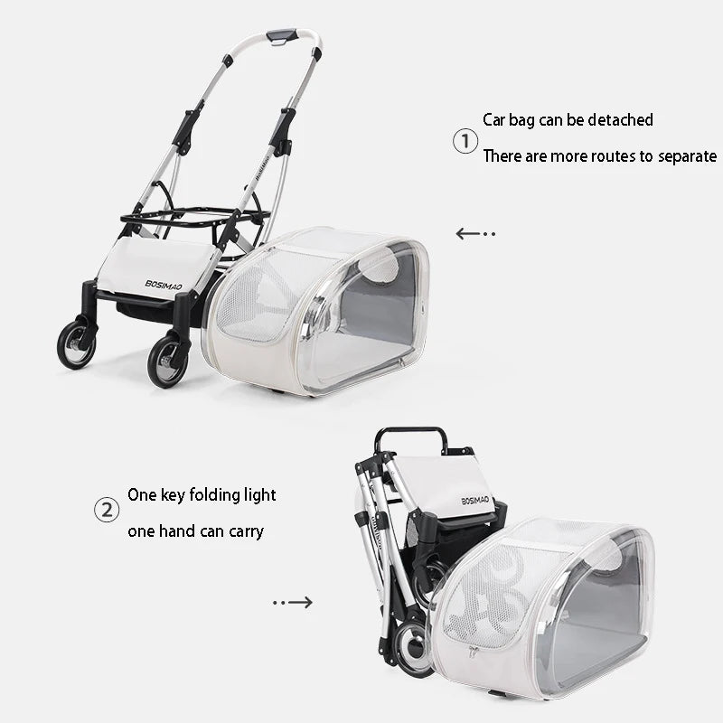 Pet stroller with detachable car bag on a white background