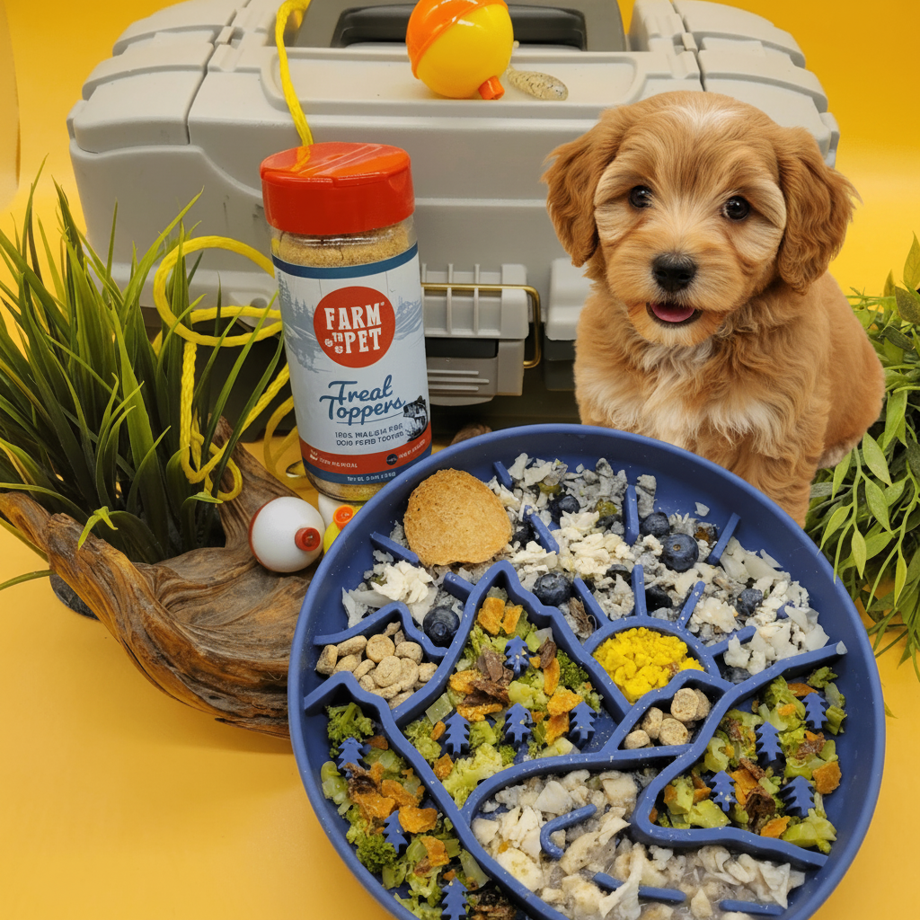 Pet toy with food distribution pattern, jar of treats, and fishing tackle box on a yellow background