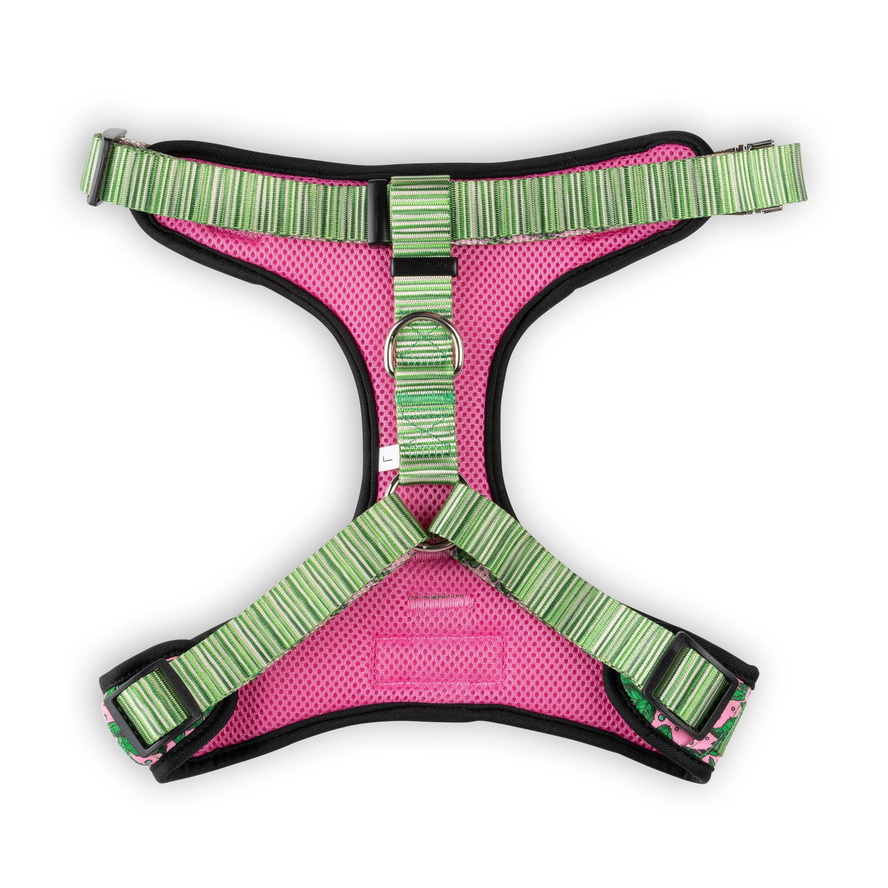 Pink and green dog harness on