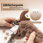 Plush toy with USB charging port and text about rechargeable battery capacity.
