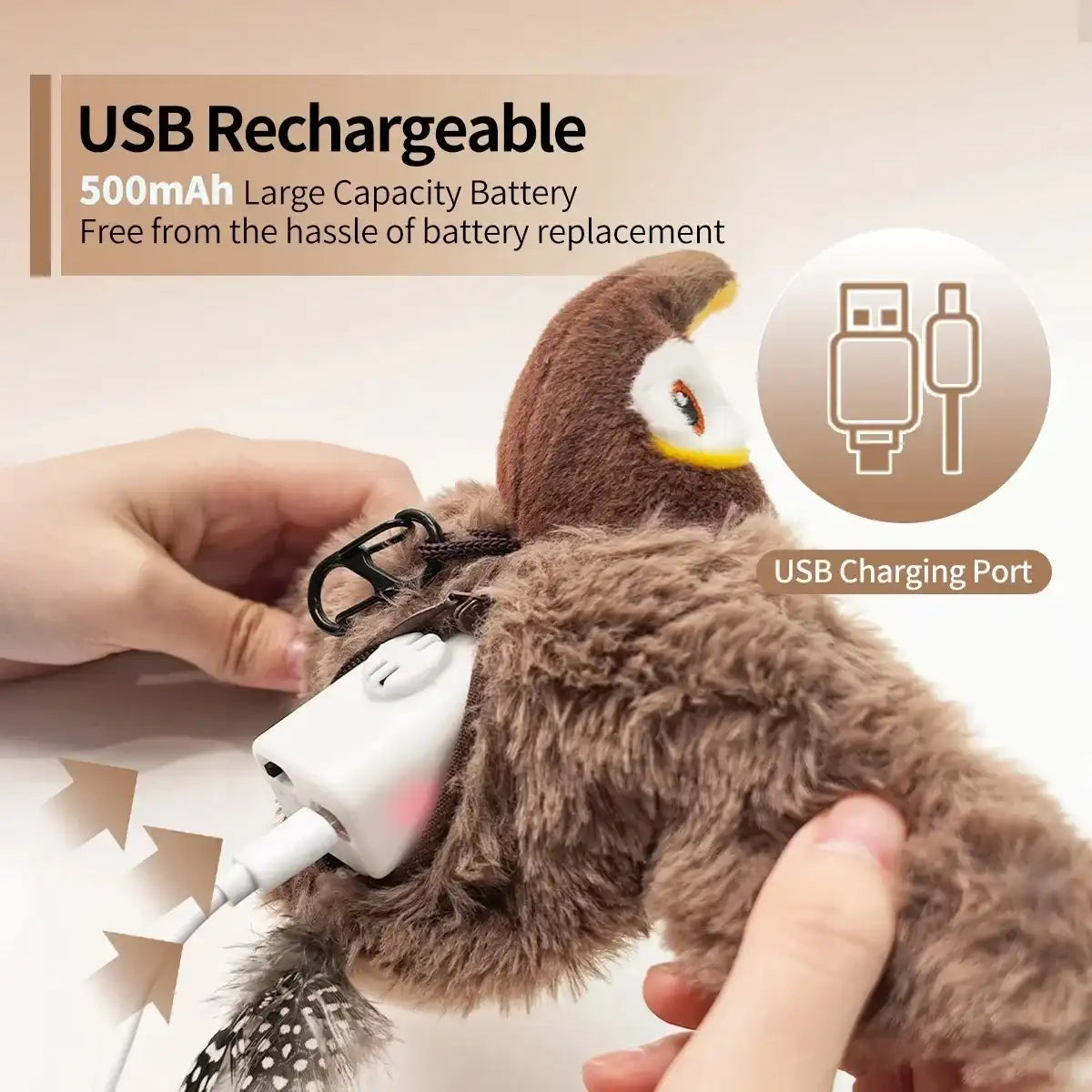 Plush toy with USB charging port and text about rechargeable battery capacity.