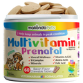 Multivitamin Prenatal supplement for pets by makondoPets with colorful label and tablet stack on top.