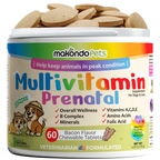Multivitamin Prenatal supplement for pets by makondoPets with colorful label and tablet stack on top.
