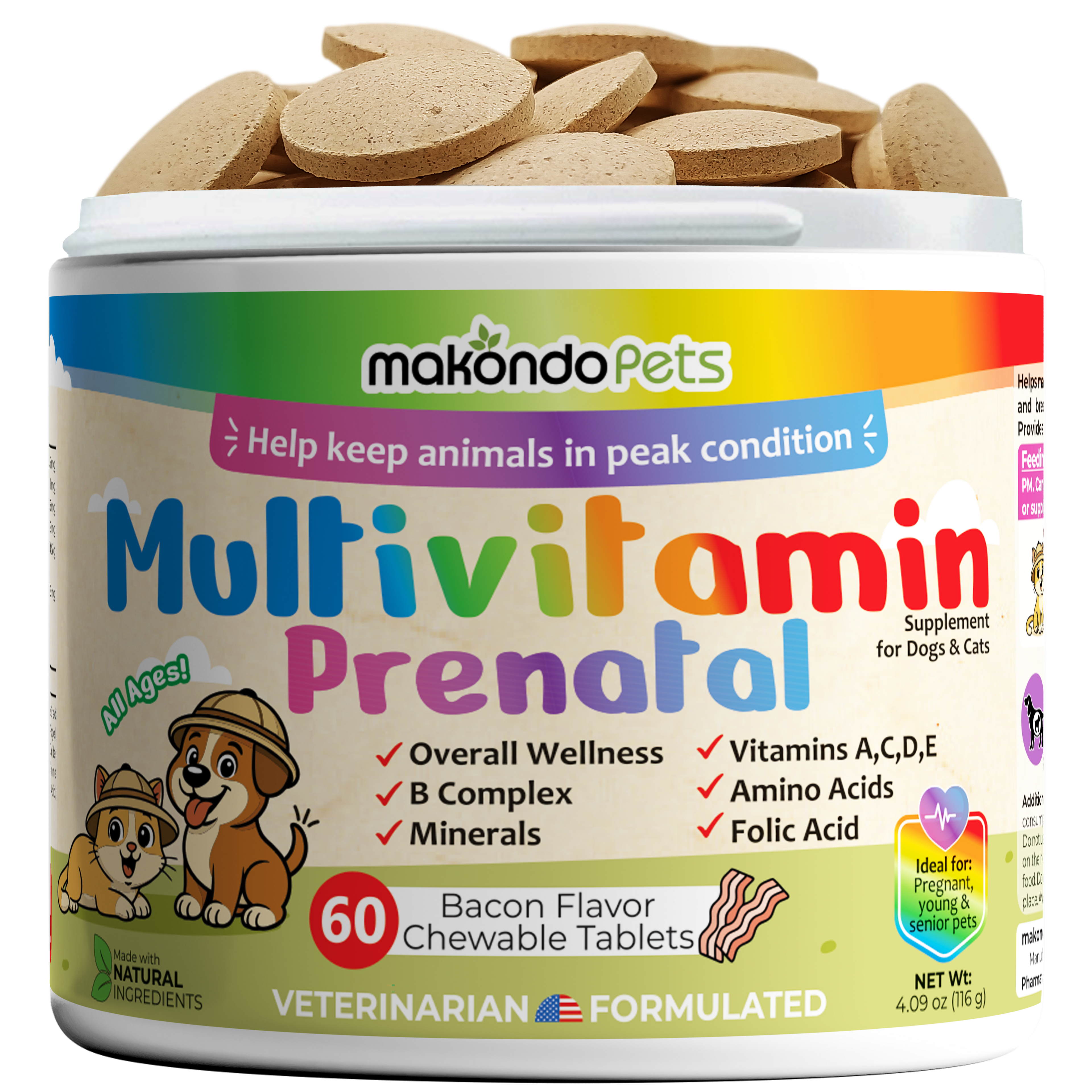 Multivitamin Prenatal supplement for pets by makondoPets with colorful label and tablet stack on top.