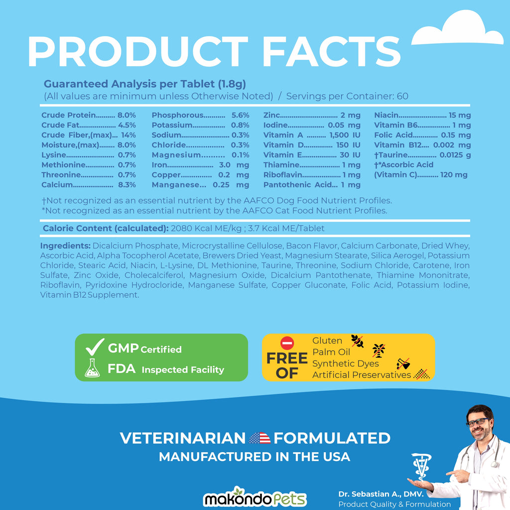 Product facts label for a veterinary formulated pet product with nutritional information and certification details.