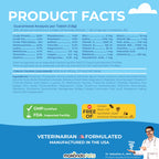 Product facts label for a veterinary formulated pet product with nutritional information and certification details.