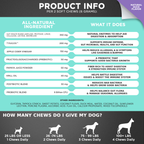 Product information chart for dog chews with ingredients and dosages.