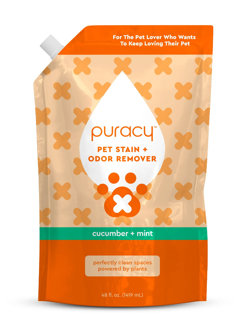 Puracy pet stain and odor remover packaging with orange and beige design.
