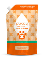 Puracy pet stain and odor remover packaging with orange and beige design.