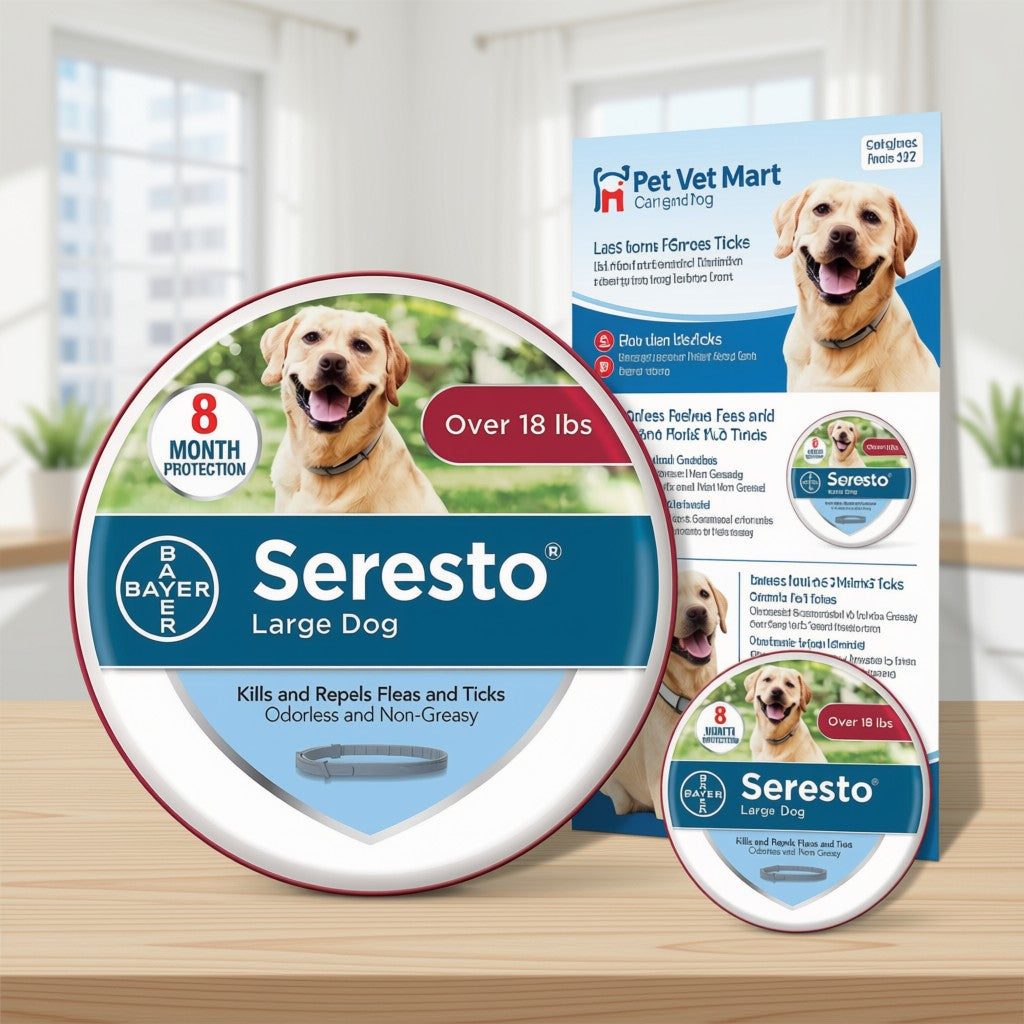 Bayer Seresto Large Dog flea and tick treatment shown with a large round container, a smaller matching container, and the retail box on a light wood surface in a bright indoor setting.