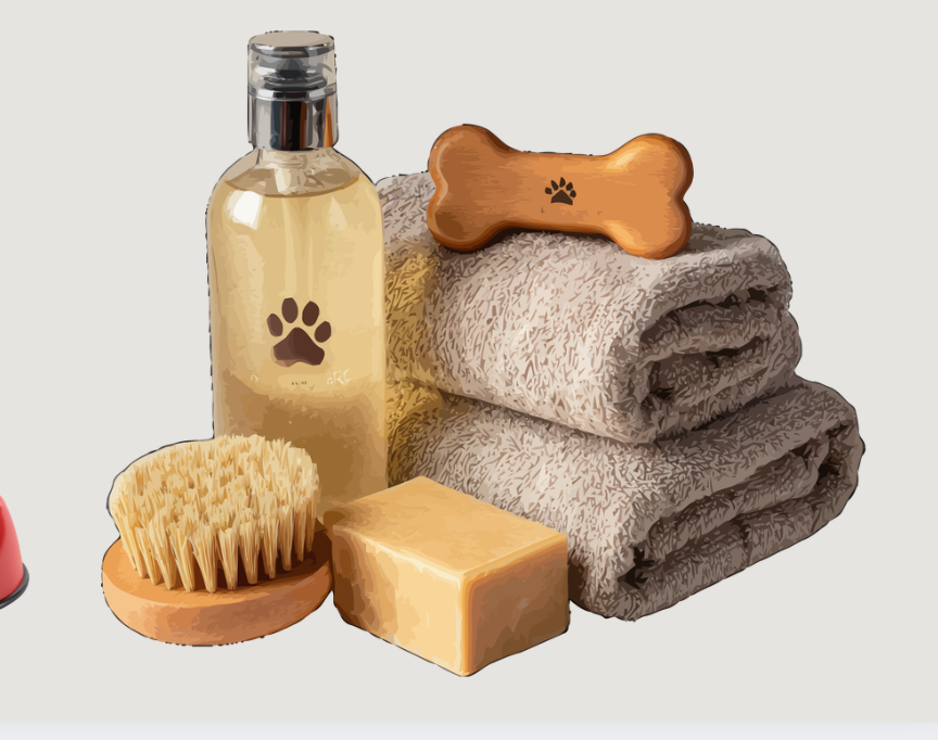 Dog shampoo bottles and grooming tools for pet care
