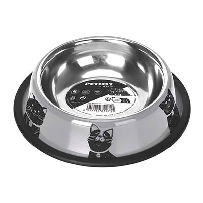 A stainless steel pet bowl