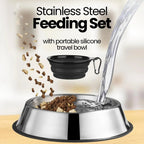 Stainless steel feeding set with portable silicone travel bowl on a wooden surface.