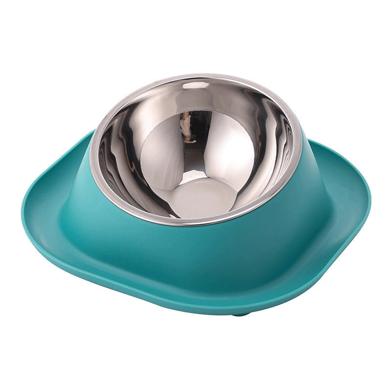 Teal pet bowl with a stainless steel