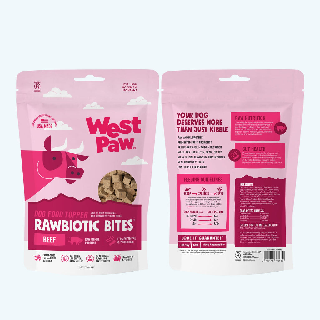 Two pink packages of West Paw Rawbiotic Bites on a white background