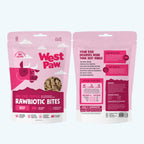 Two pink packages of West Paw Rawbiotic Bites on a white background
