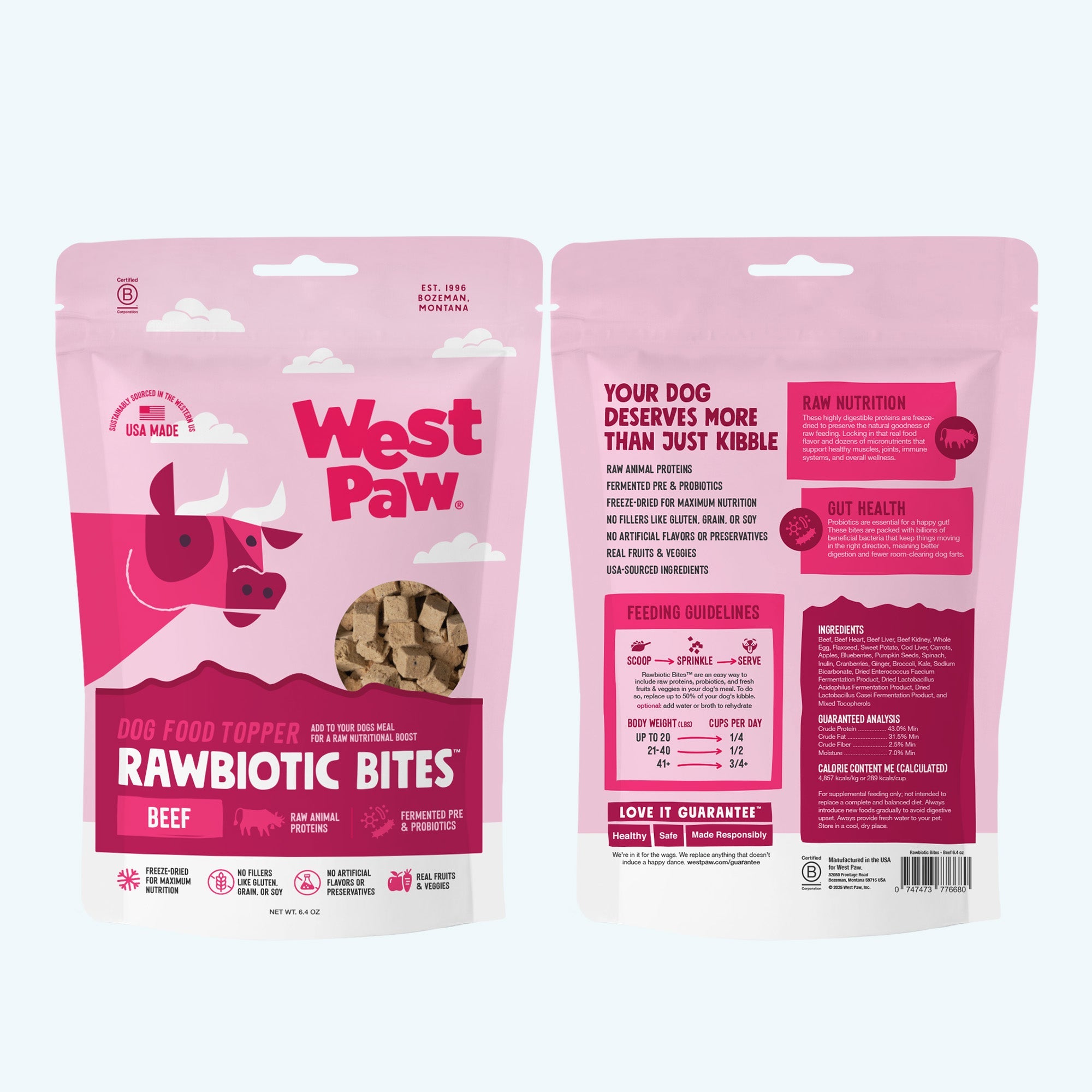 Two pink packages of West Paw Rawbiotic Bites on a white background